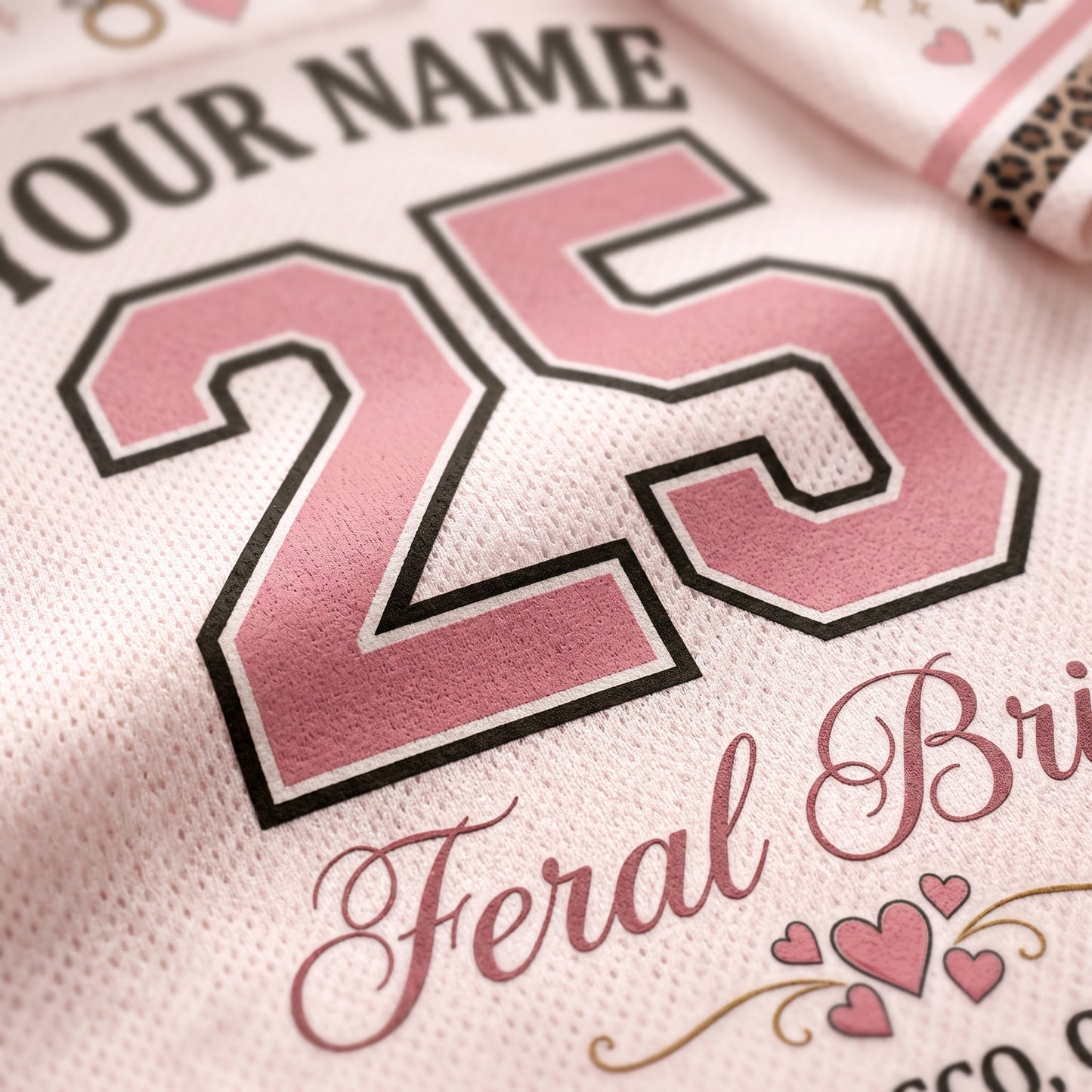 Close-up of a white mesh sports jersey with pink and black custom text, featuring the number 25 and the words 'YOUR NAME' and 'Feral Bride' with small pink hearts.