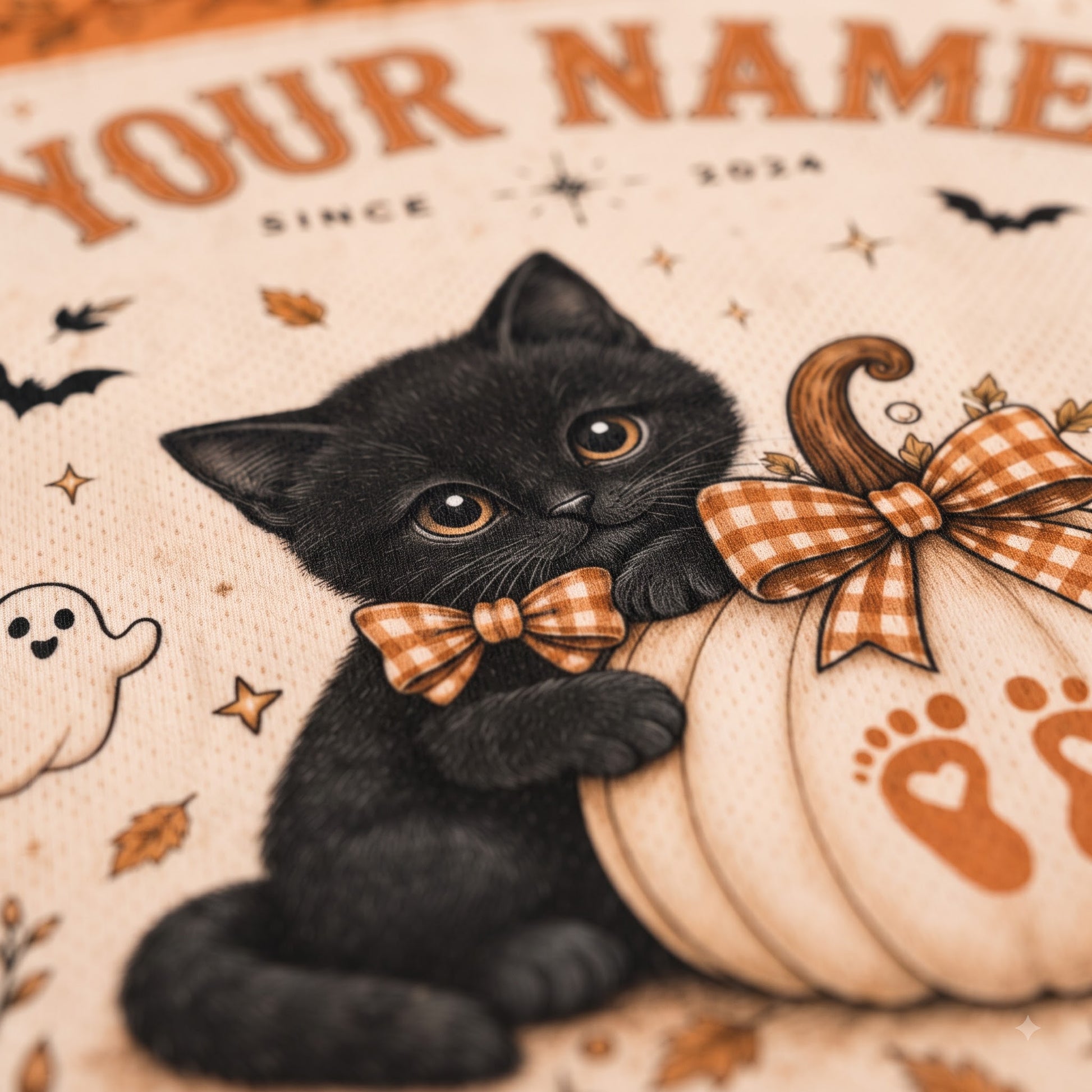 Close-up of a black kitten wearing an orange-and-white gingham bow, sitting beside a cream pumpkin with orange footprints and a matching bow. The background shows a beige fabric with partial text reading 'YOUR NAME' and Halloween motifs like bats, ghosts, and leaves.