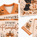 A four-panel product collage showing a Halloween-themed knit garment, likely a sweater or scarf, with a cream base, orange trim, and autumn illustrations including a black cat with a pumpkin, ghosts, bats, leaves, and the phrase 'Growing a Little Pumpkin.'.
