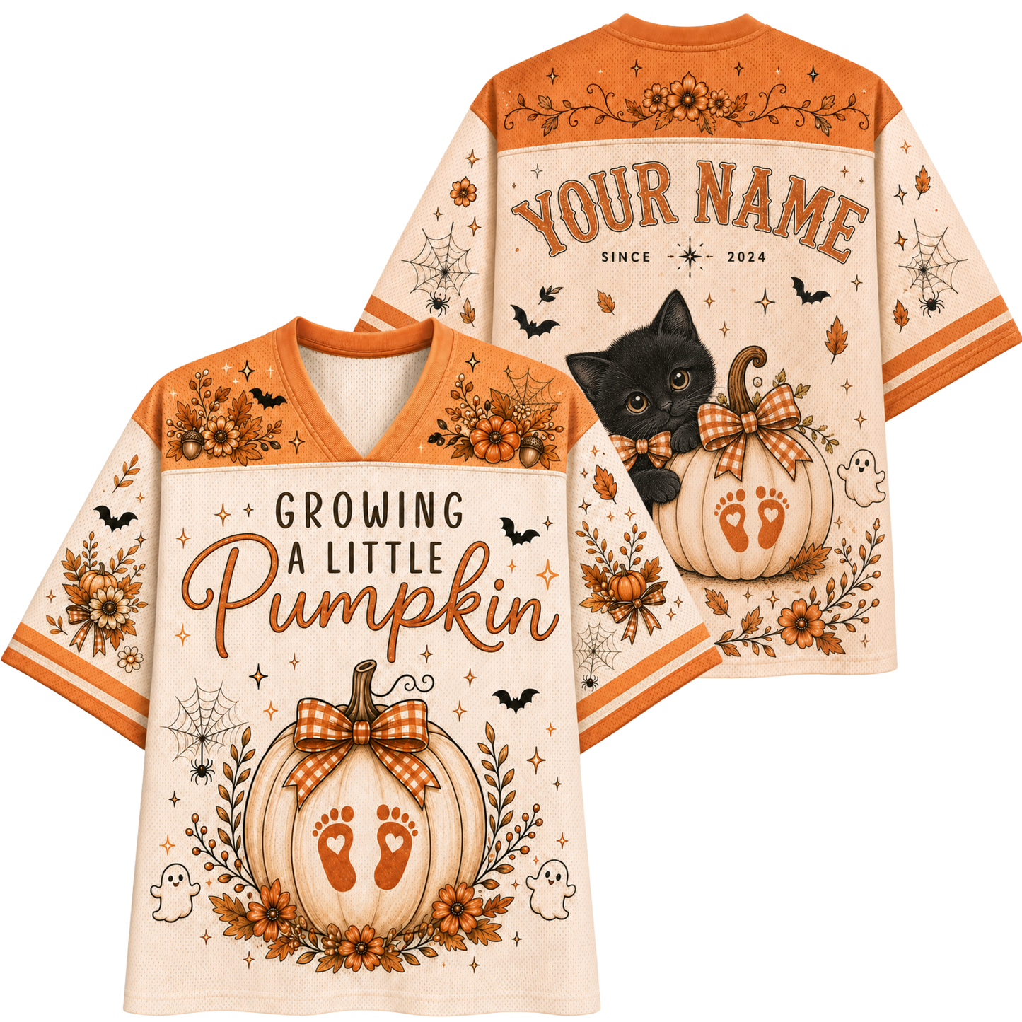 A Halloween-themed V-neck t-shirt shown from both front and back. The shirt features a cream base with orange trim, decorated with pumpkins, ghosts, bats, and the text 'GROWING A LITTLE Pumpkin' on the front, and 'YOUR NAME SINCE 2024' on the back.