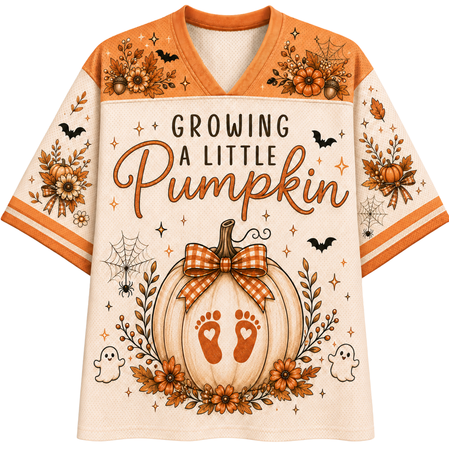 A women's short-sleeve V-neck t-shirt with a Halloween theme. The shirt features a black center panel with the text 'THERE'S A SKELLY in my belly' in white and purple, flanked by purple sleeves decorated with spiderwebs, ghosts, and jack-o'-lanterns.