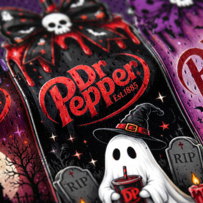A close-up of a Dr. Pepper bottle with a Halloween-themed label featuring a ghost in a witch hat, tombstones, stars, bats, and red dripping graphics on a dark background.
