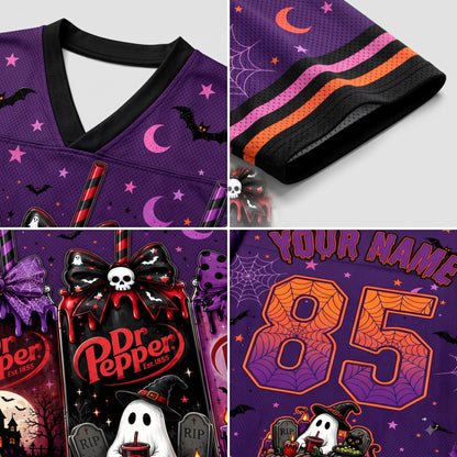 A 2x2 collage showing a purple Halloween-themed jersey closeups: the V-neck collar with black trim, a sleeve detail with black, pink, and orange stripes, a full front graphic with Dr Pepper branding and a ghost, and a back-style number 85 design with 'YOUR NAME' text.