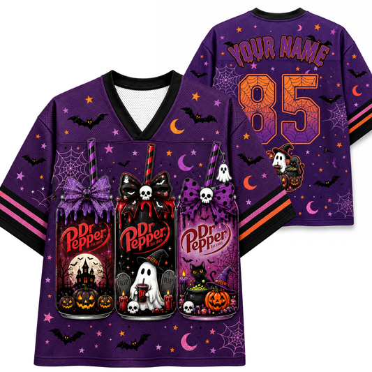 A purple Halloween-themed V-neck jersey shown from both front and back. The design features Dr.