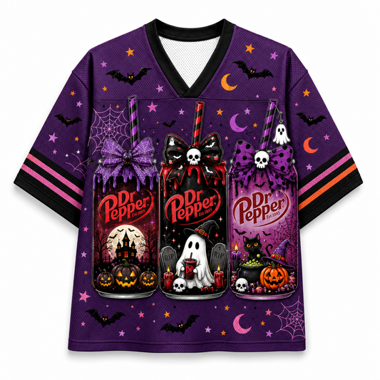 A purple short-sleeve V-neck jersey with a Halloween theme, featuring Dr. Pepper bottle graphics, ghosts, bats, moons, and stars.