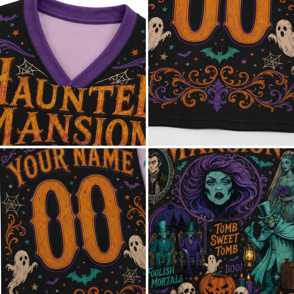 A four-panel close-up collage of a black Halloween-themed customizable shirt design. The top-left panel shows a purple V-neck collar with a light lavender inner lining and part of the orange text 'HAUNTED MANSION'.