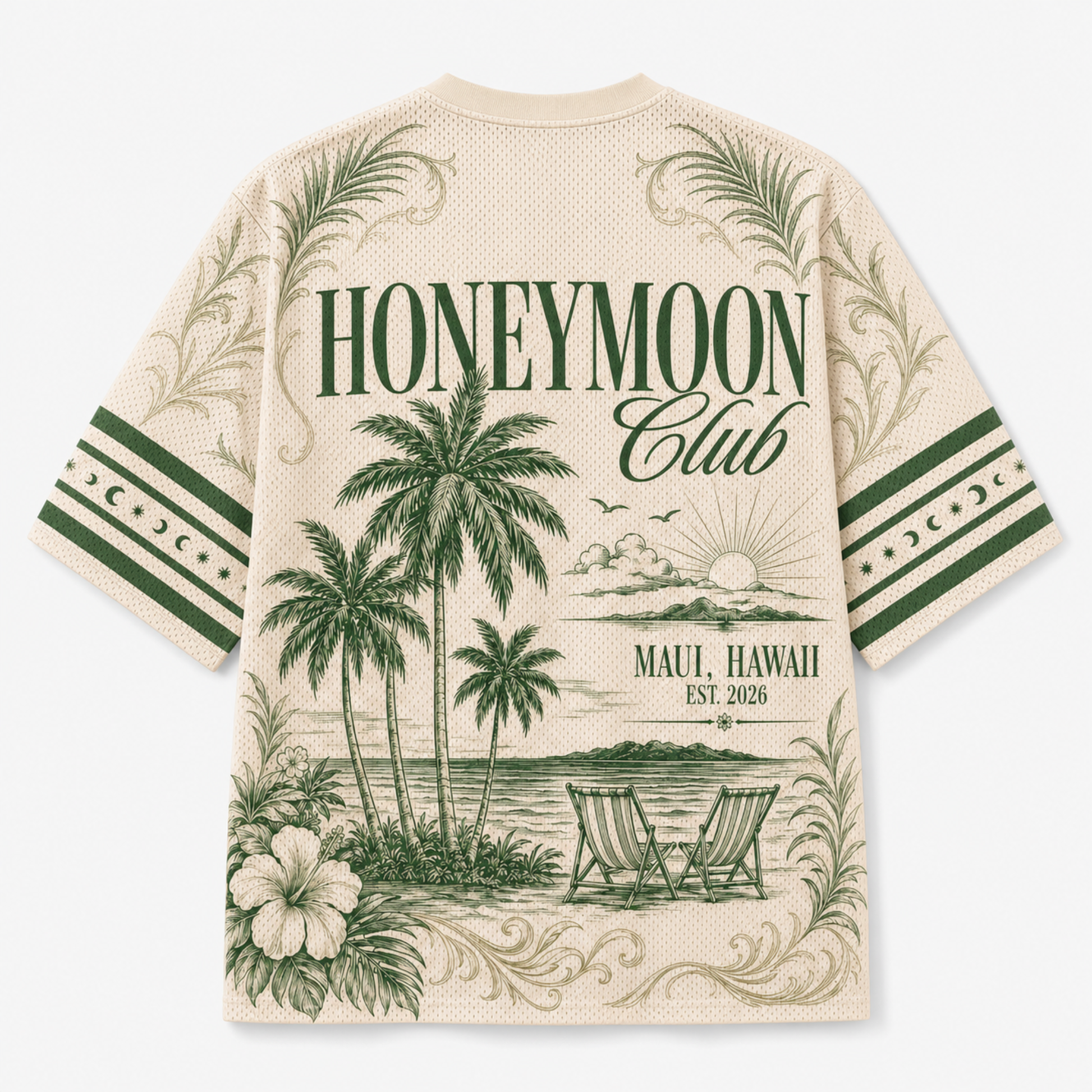 A cream-colored short-sleeve t-shirt with a green tropical beach graphic on the back, featuring palm trees, a sunset, beach chairs, and the text 'HONEYMOON Club' and 'MAUI, HAWAII EST. 2026'.