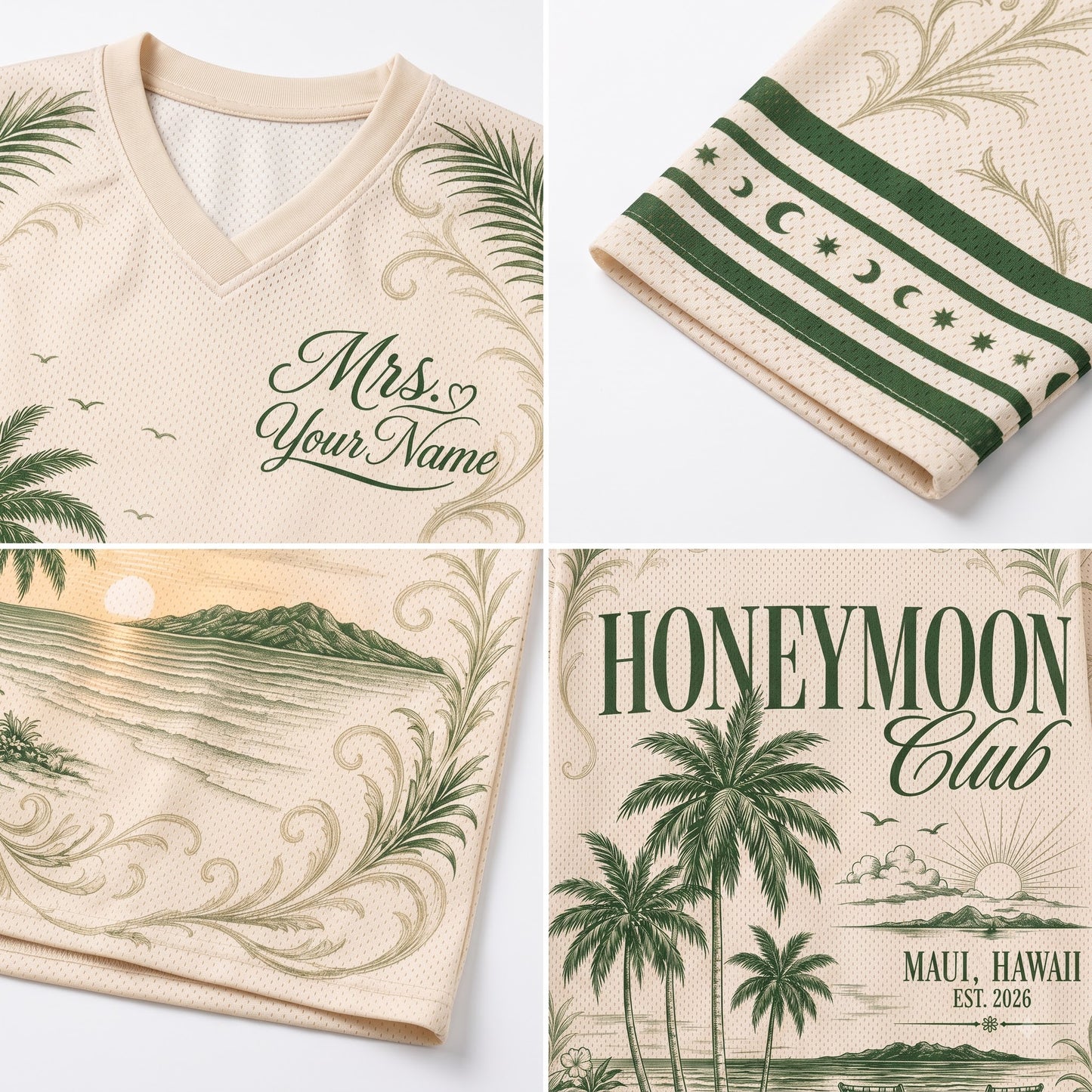 A four-panel close-up collage of a cream-colored V-neck shirt and matching towel featuring green tropical palm tree illustrations, striped bands with moon and star motifs, and custom text including 'Mrs. Your Name' and 'HONEYMOON Club Maui, Hawaii'.