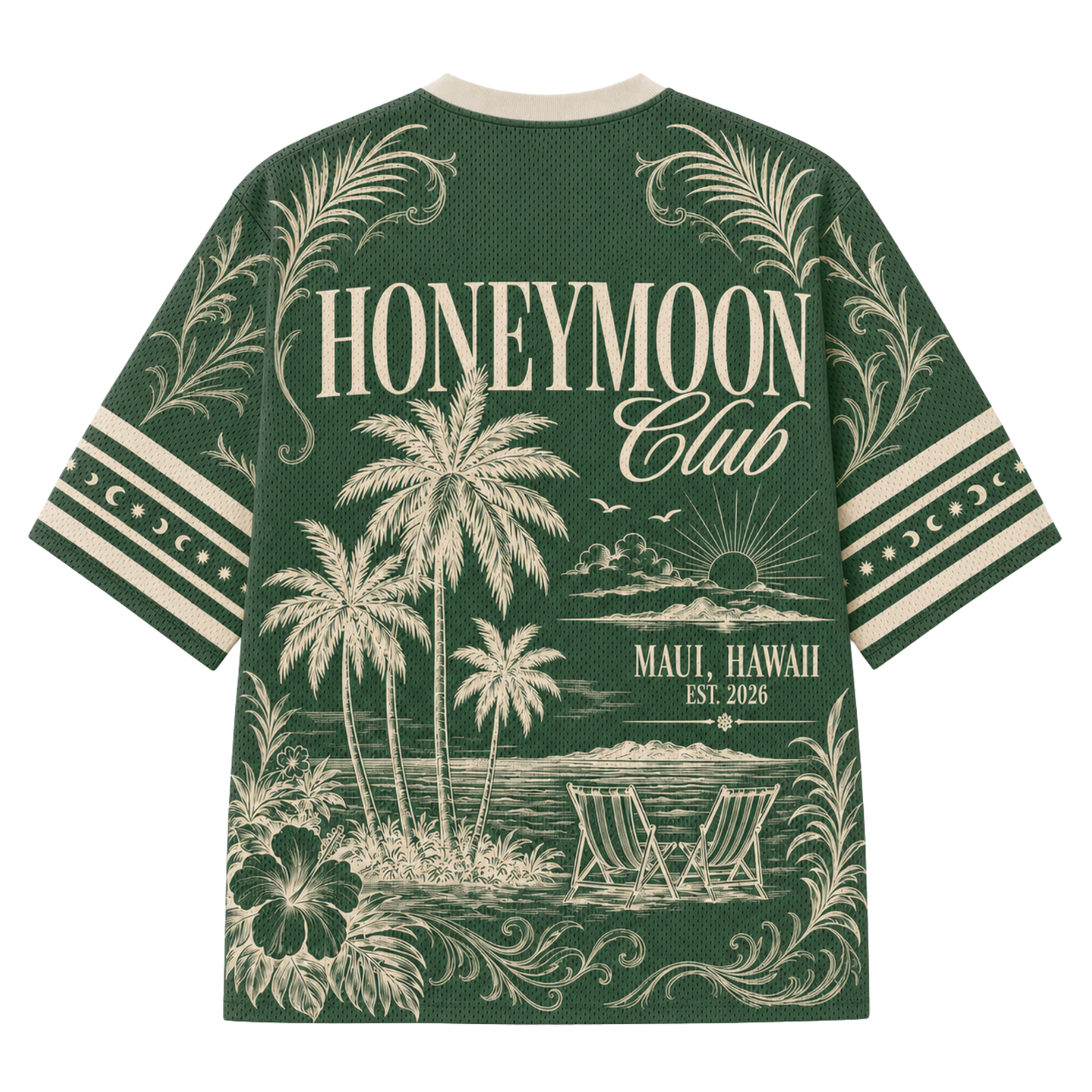 A green short-sleeve t-shirt with a cream-colored graphic print on the back, featuring palm trees, beach chairs, and the text 'HONEYMOON Club' and 'MAUI, HAWAII EST. 2026'.