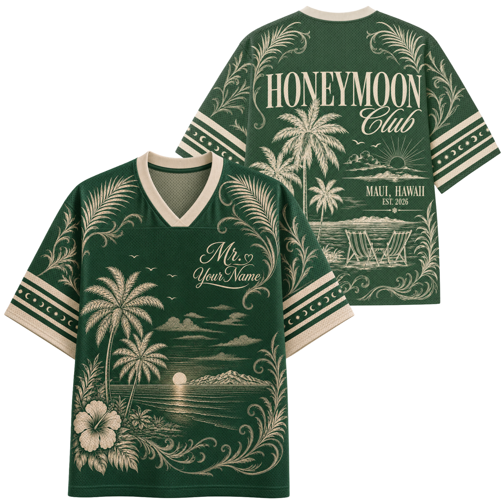 A dark green short-sleeve V-neck t-shirt with cream-colored tropical graphics, shown in both front and back views. The back features 'HONEYMOON Club' and 'MAUI, HAWAII EST.