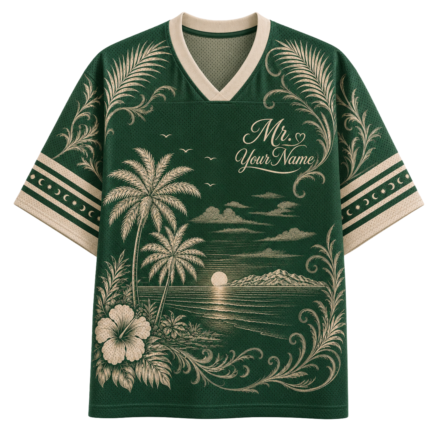 A dark green short-sleeve V-neck t-shirt with a beige tropical beach print featuring palm trees, a sunset, a hibiscus flower, and decorative scrollwork. The shirt has a mock athletic mesh texture and includes customizable text reading 'Mr.
