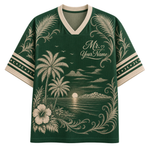 A dark green short-sleeve V-neck t-shirt with a beige tropical beach print featuring palm trees, a sunset, a hibiscus flower, and decorative scrollwork. The shirt has a mock athletic mesh texture and includes customizable text reading 'Mr.