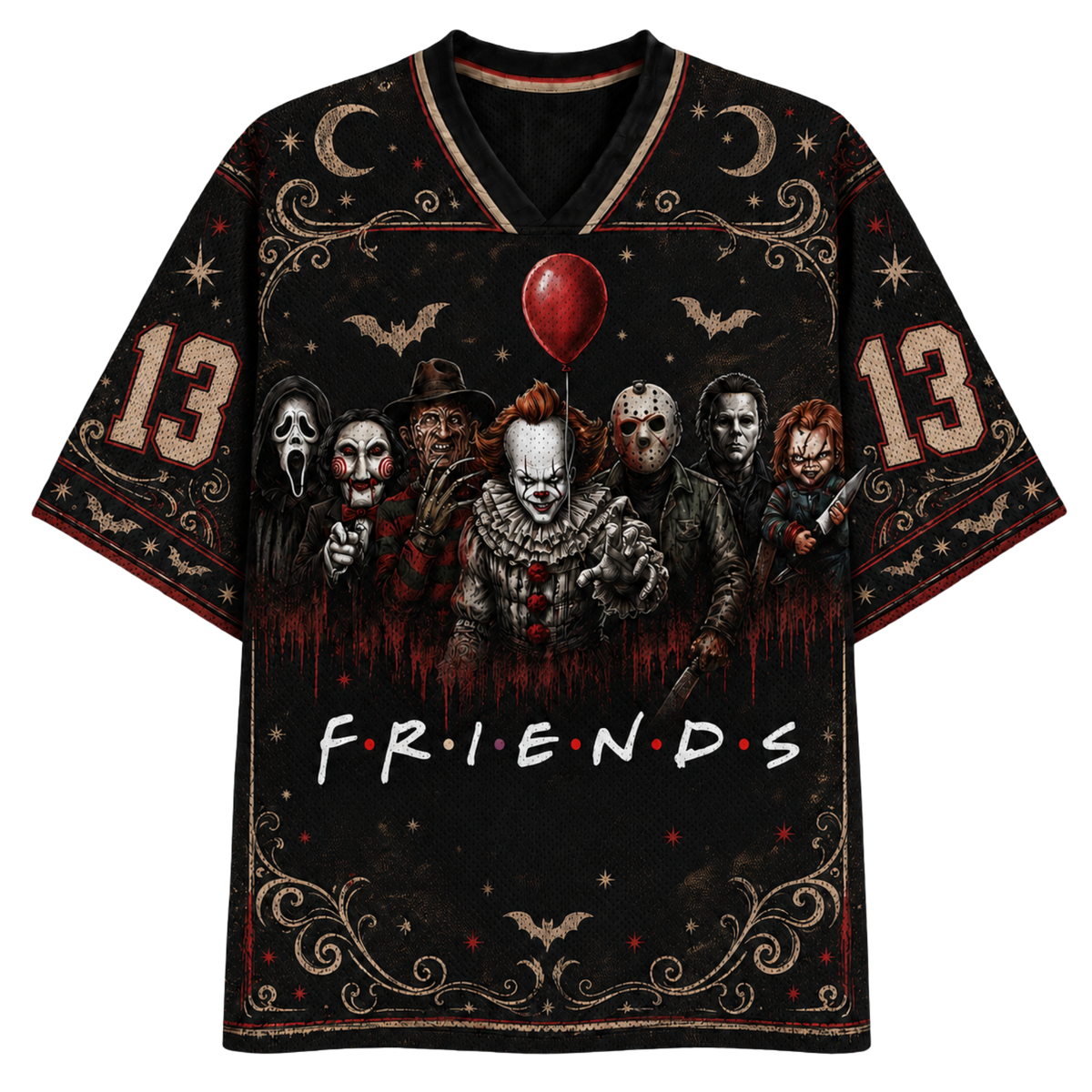 A black short-sleeve V-neck jersey-style shirt with a horror-themed Friends crossover print. The front features Pennywise holding a red balloon, other Friends characters, the word 'FRIENDS' in white, and the number 13 on both sleeves