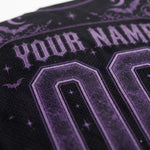 Close-up of a black mesh fabric product with purple gothic-style lettering reading 'YOUR NAME' and large decorative numbers, plus bat and star motifs.