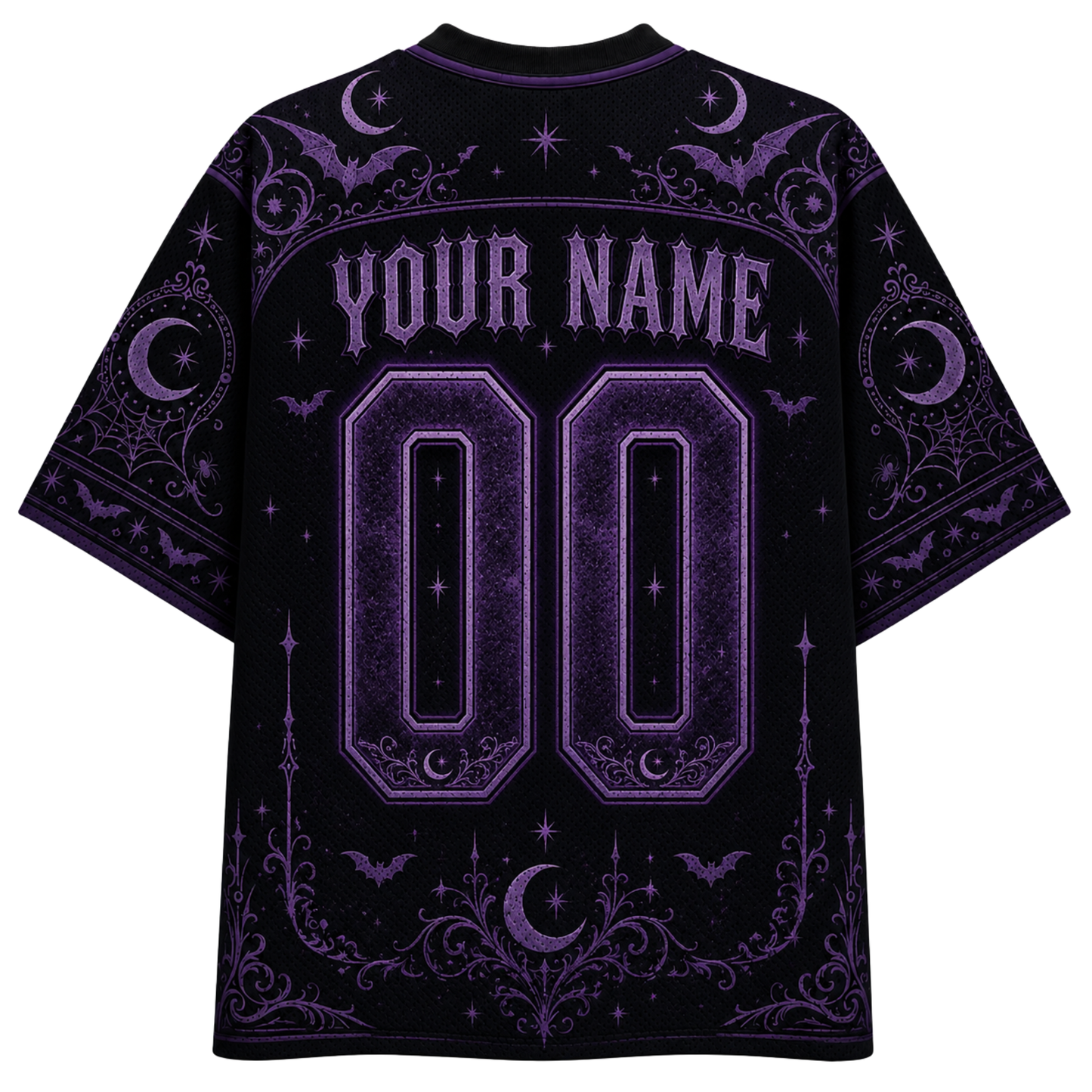 A black short-sleeve t-shirt with a purple gothic-themed graphic print on the back, featuring customizable text 'YOUR NAME' and '00' in a stylized font with moon, bat, and spiderweb motifs.