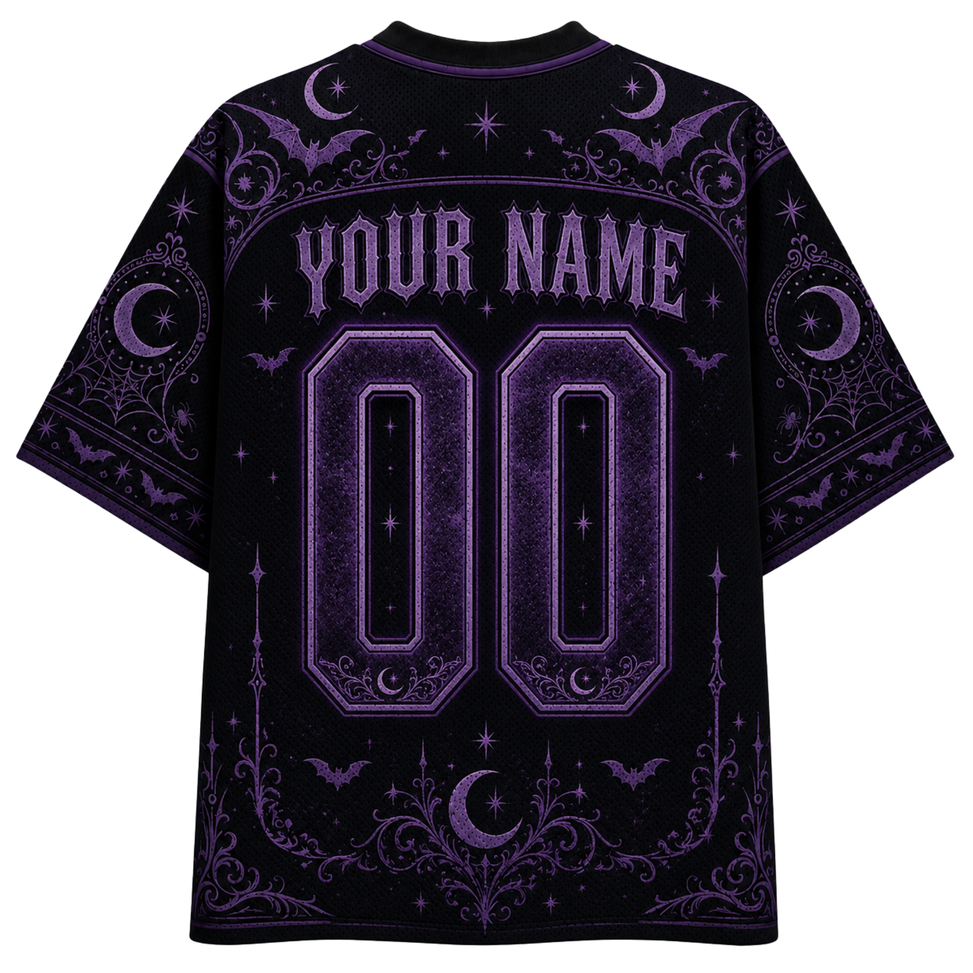 A black short-sleeve t-shirt with a purple gothic-themed graphic print on the back, featuring customizable text 'YOUR NAME' and '00' in a stylized font with moon, bat, and spiderweb motifs.