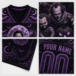 A four-panel product presentation of a black V-neck t-shirt with a purple and black Halloween graphic print. The top-left panel shows the front of the shirt with a moon, bats, and a ghostly face.