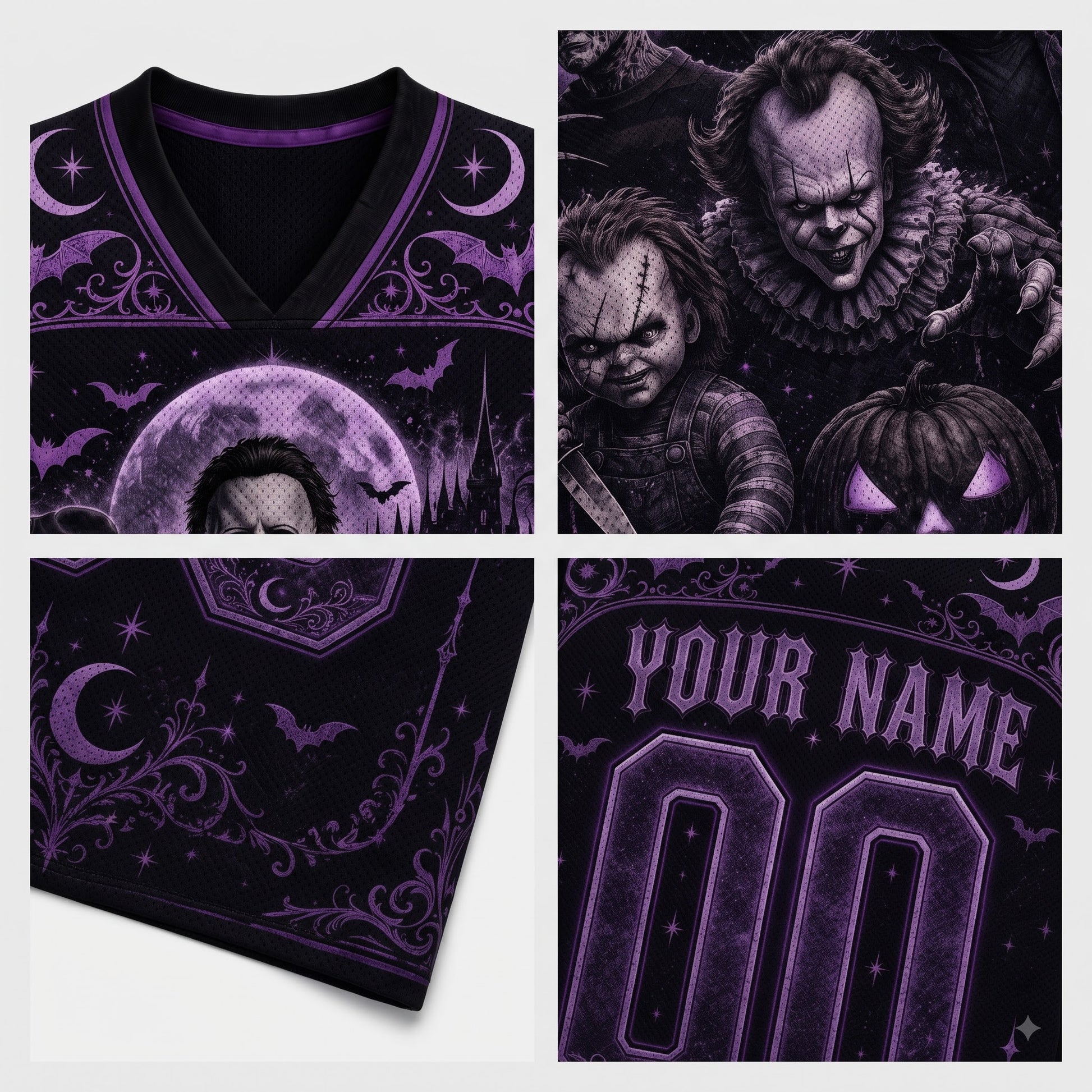 A four-panel product presentation of a black V-neck t-shirt with a purple and black Halloween graphic print. The top-left panel shows the front of the shirt with a moon, bats, and a ghostly face.