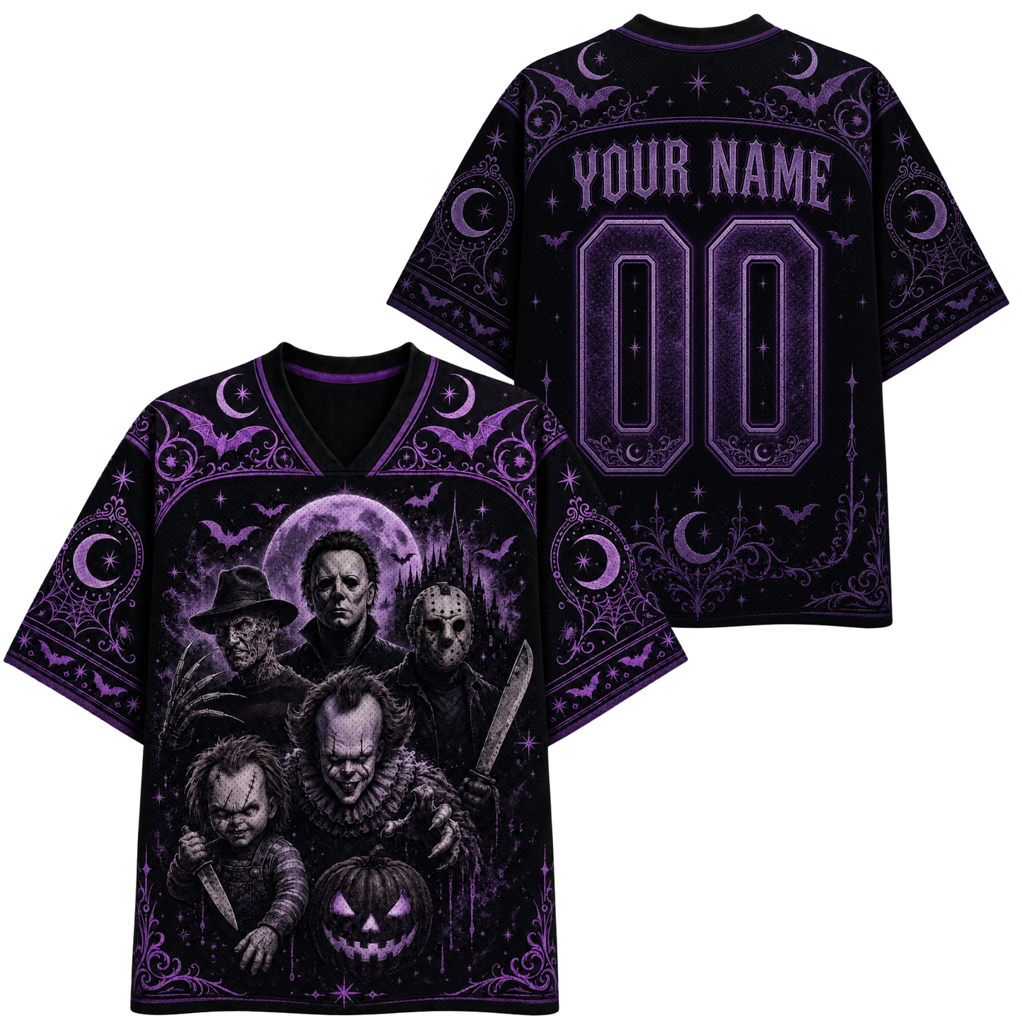 Customizable black V-neck t-shirt with purple Halloween graphics, shown in front and back views. The front features a graphic of horror movie villains under a full moon and jack-o'-lantern, while the back displays 'YOUR NAME' and '00' in purple text.