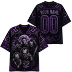 Customizable black V-neck t-shirt with purple Halloween graphics, shown in front and back views. The front features a graphic of horror movie villains under a full moon and jack-o'-lantern, while the back displays 'YOUR NAME' and '00' in purple text.