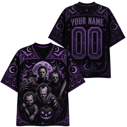 Customizable black V-neck t-shirt with purple Halloween graphics, shown in front and back views. The front features a graphic of horror movie villains under a full moon and jack-o'-lantern, while the back displays 'YOUR NAME' and '00' in purple text.