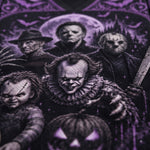 A close-up graphic print featuring horror movie villains including Michael Myers, Jason Voorhees, Pennywise, Chucky, and a pumpkin face, rendered in black, gray, and purple tones.