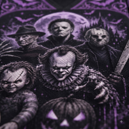 A close-up graphic print featuring horror movie villains including Michael Myers, Jason Voorhees, Pennywise, Chucky, and a pumpkin face, rendered in black, gray, and purple tones.