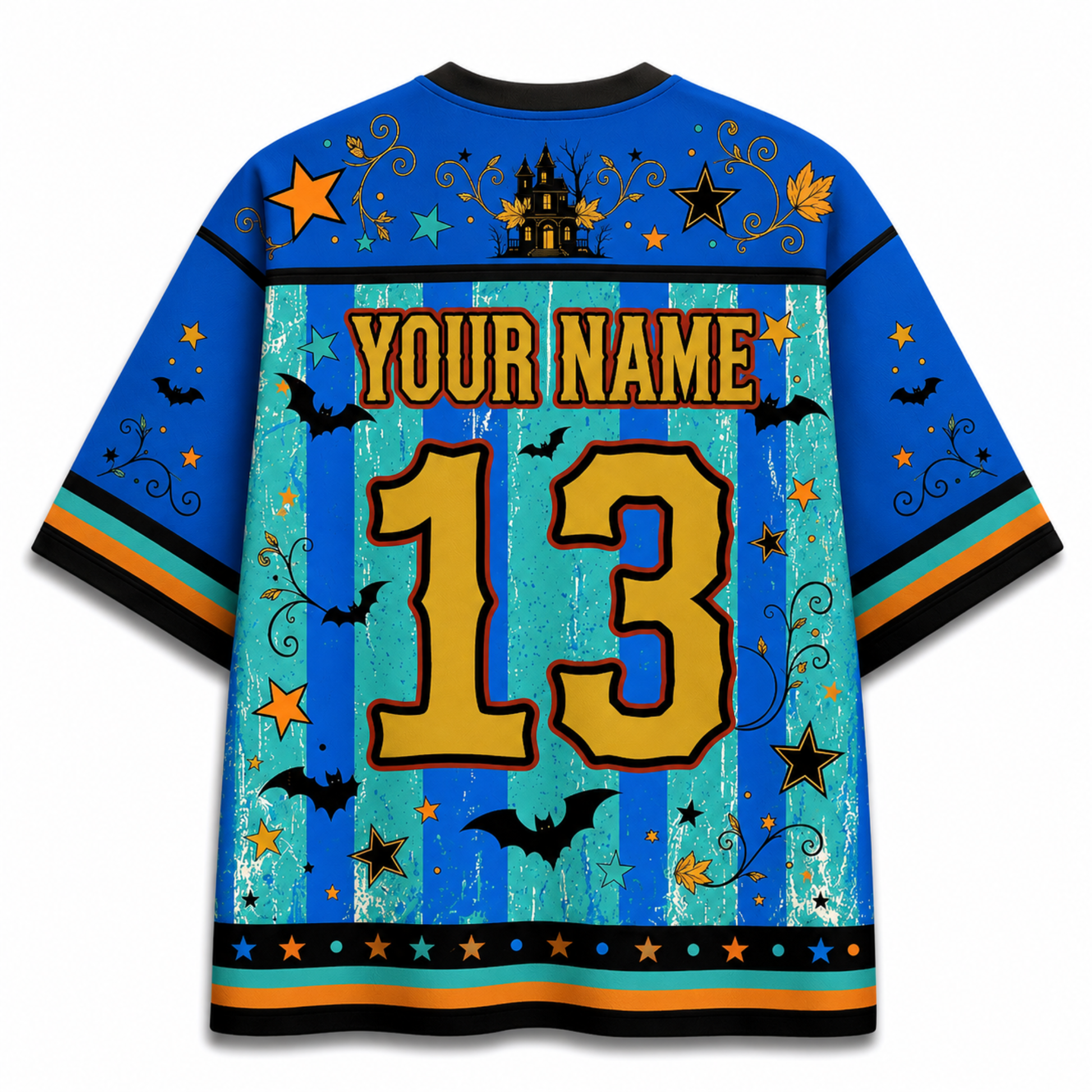 Customizable short-sleeve athletic jersey shown from the back, featuring a blue and teal striped design with a distressed grunge texture, decorated with Halloween motifs including bats, stars, and a haunted house. The back displays 'YOUR NAME' and the number '13' in large gold lettering.