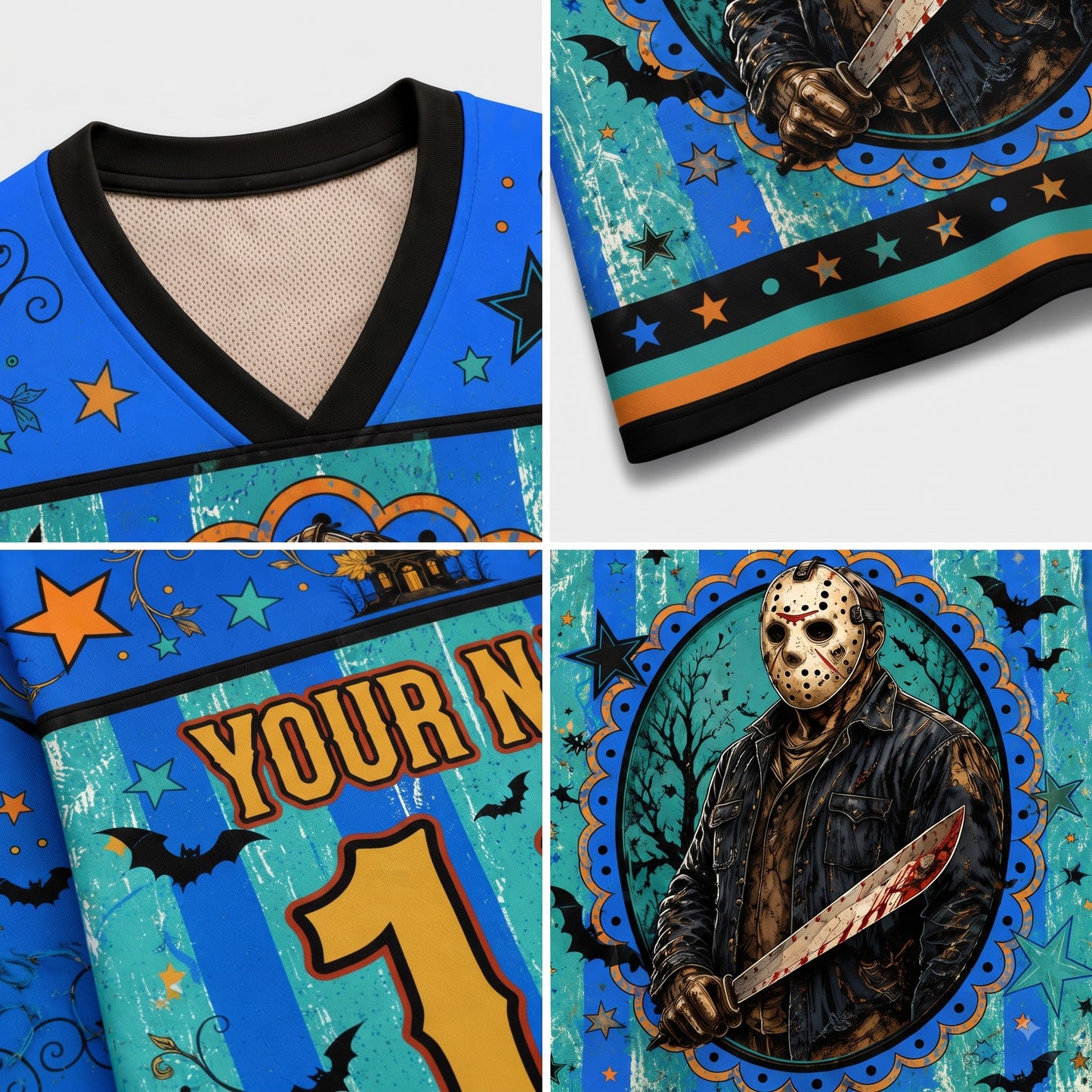 A four-panel close-up collage of a custom hockey-style jersey. The top-left panel shows the black V-neck collar and blue mesh lining.