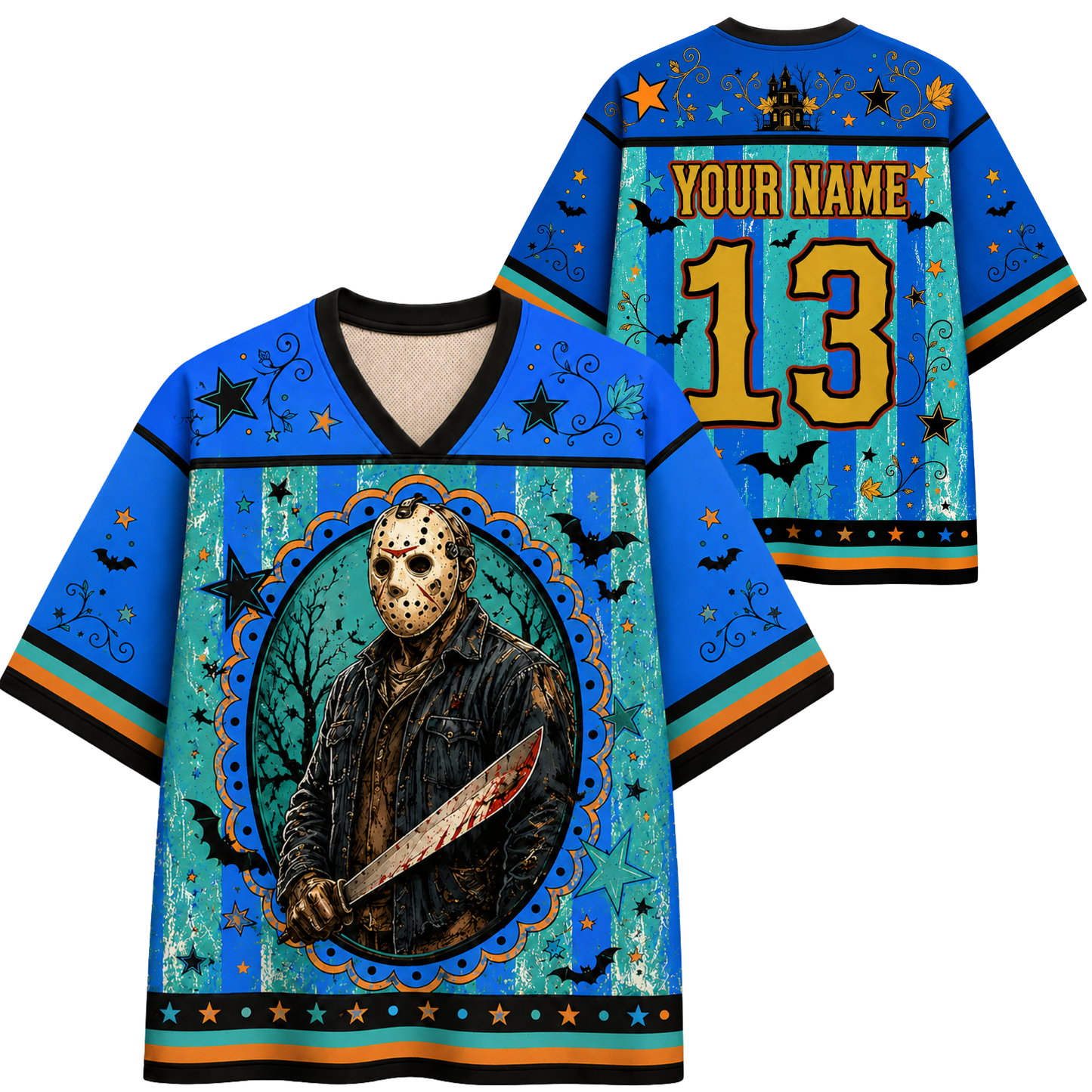 Front and back views of a blue short-sleeve hockey-style jersey with Halloween graphics, including a large portrait of Jason Voorhees, bats, stars, stripes, and customizable text reading 'YOUR NAME' and number '13'.