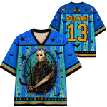 Front and back views of a blue short-sleeve hockey-style jersey with Halloween graphics, including a large portrait of Jason Voorhees, bats, stars, stripes, and customizable text reading 'YOUR NAME' and number '13'.