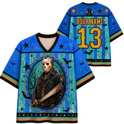 Front and back views of a blue short-sleeve hockey-style jersey with Halloween graphics, including a large portrait of Jason Voorhees, bats, stars, stripes, and customizable text reading 'YOUR NAME' and number '13'.