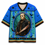 A short-sleeve t-shirt with a vibrant blue and teal Halloween graphic of Jason Voorhees holding a bloody machete, set against a plain white background.