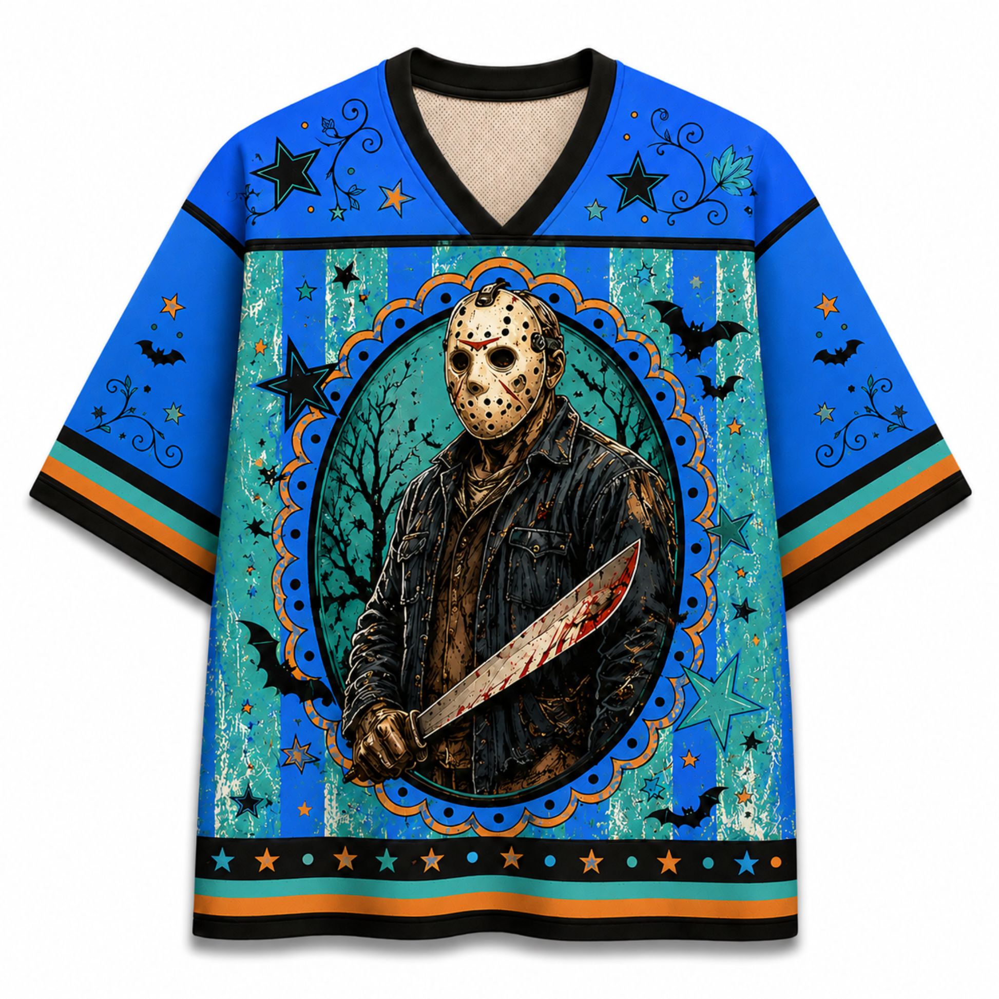 A short-sleeve t-shirt with a vibrant blue and teal Halloween graphic of Jason Voorhees holding a bloody machete, set against a plain white background.