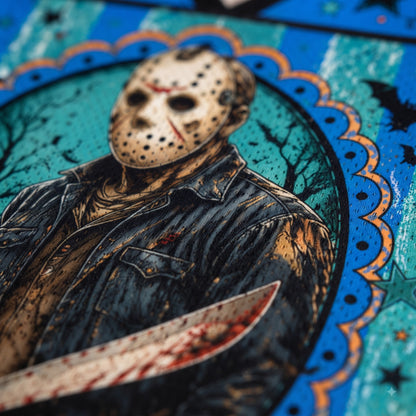 A close-up of a horror-themed illustrated print or poster featuring a masked figure in a dark jacket holding a bloody knife, with a blue patterned border and black bat silhouettes in the background.