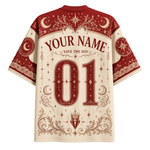 A short-sleeve t-shirt shown from the back, featuring a cream and dark red celestial design with 'YOUR NAME', 'SAVE THE DAY', and the number '01' printed in ornate typography.