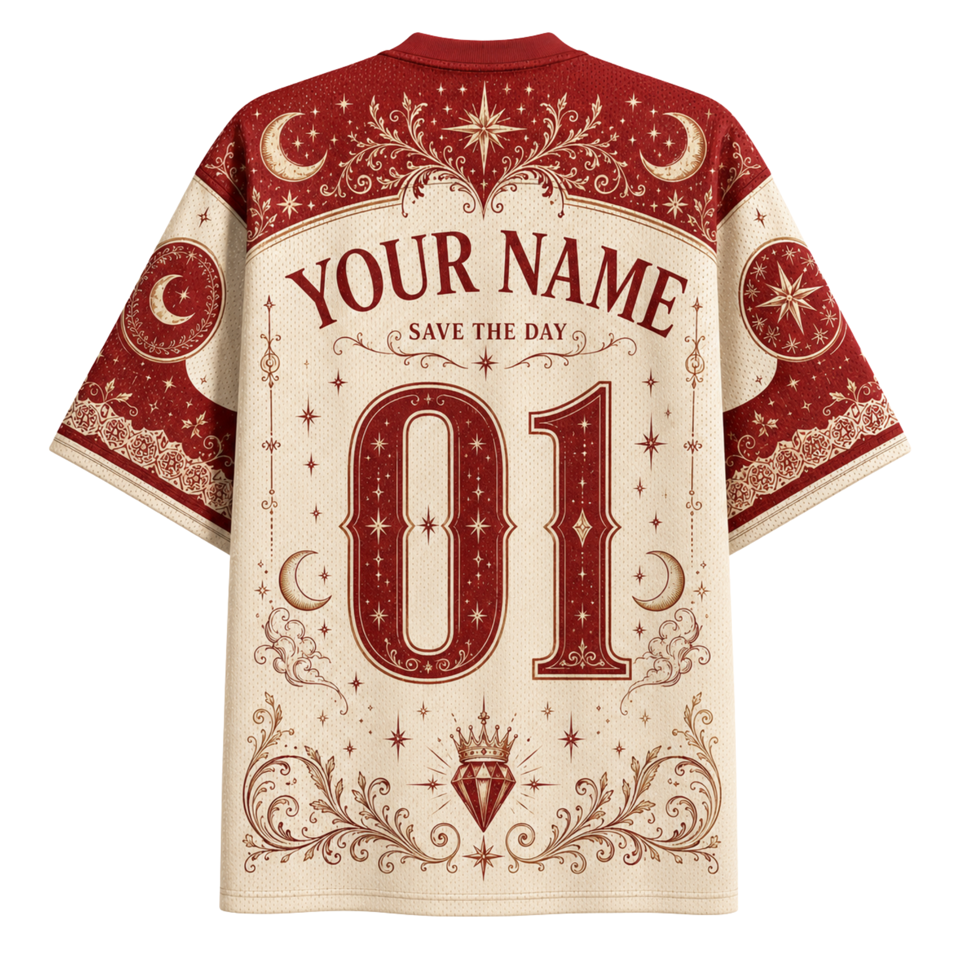 A short-sleeve t-shirt shown from the back, featuring a cream and dark red celestial design with 'YOUR NAME', 'SAVE THE DAY', and the number '01' printed in ornate typography.