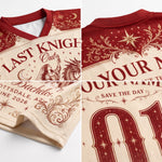 A four-panel close-up collage of a custom printed athletic jersey. The jersey has a cream-colored body with dark red trim and ornate gothic-style text and decorative flourishes, including the words 'LAST KNIGHT Out' and 'SAVE THE DAY'.