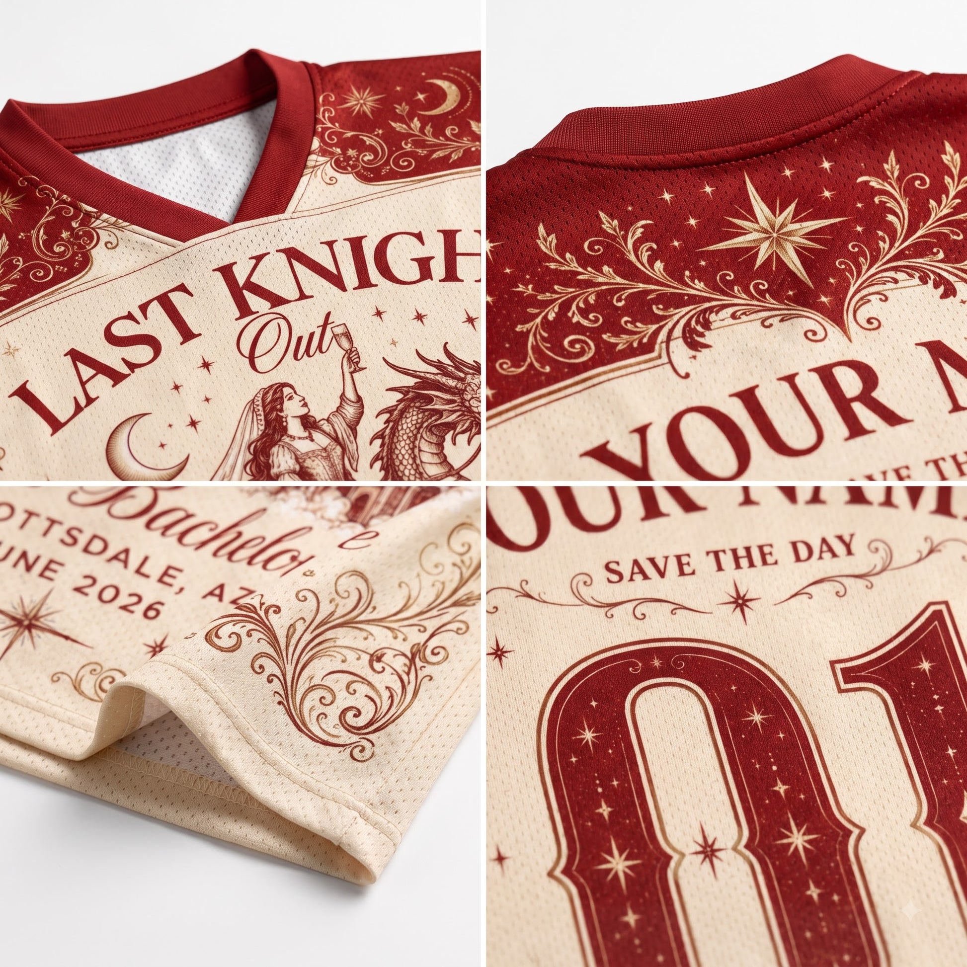 A four-panel close-up collage of a custom printed athletic jersey. The jersey has a cream-colored body with dark red trim and ornate gothic-style text and decorative flourishes, including the words 'LAST KNIGHT Out' and 'SAVE THE DAY'.