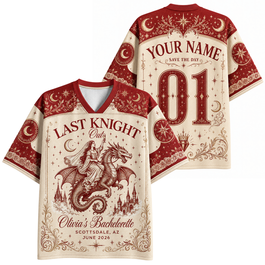 Personalized bachelorette-themed short-sleeve V-neck t-shirt shown from the front and back. The design features a red and cream fantasy illustration of a knight in shining armor riding a dragon, with placeholder text 'YOUR NAME', 'LAST KNIGHT Out', and 'Olivia's Bachelorette' customized for Scottsdale, AZ on June 2026.