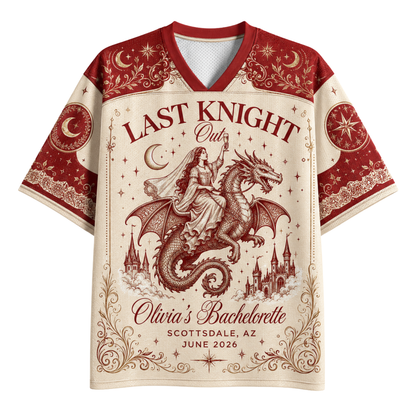 A short-sleeve V-neck t-shirt with a gothic bachelorette theme, featuring a cream and dark red color scheme with an illustration of a knight in shining armor on a dragon, and text reading 'LAST KNIGHT Out Olivia's Bachelorette Scottsdale, AZ June 2026'.