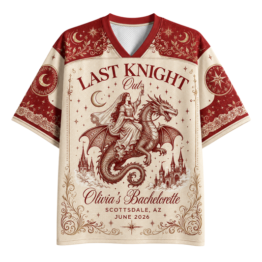 A short-sleeve V-neck t-shirt with a gothic bachelorette theme, featuring a cream and dark red color scheme with an illustration of a knight in shining armor on a dragon, and text reading 'LAST KNIGHT Out Olivia's Bachelorette Scottsdale, AZ June 2026'.