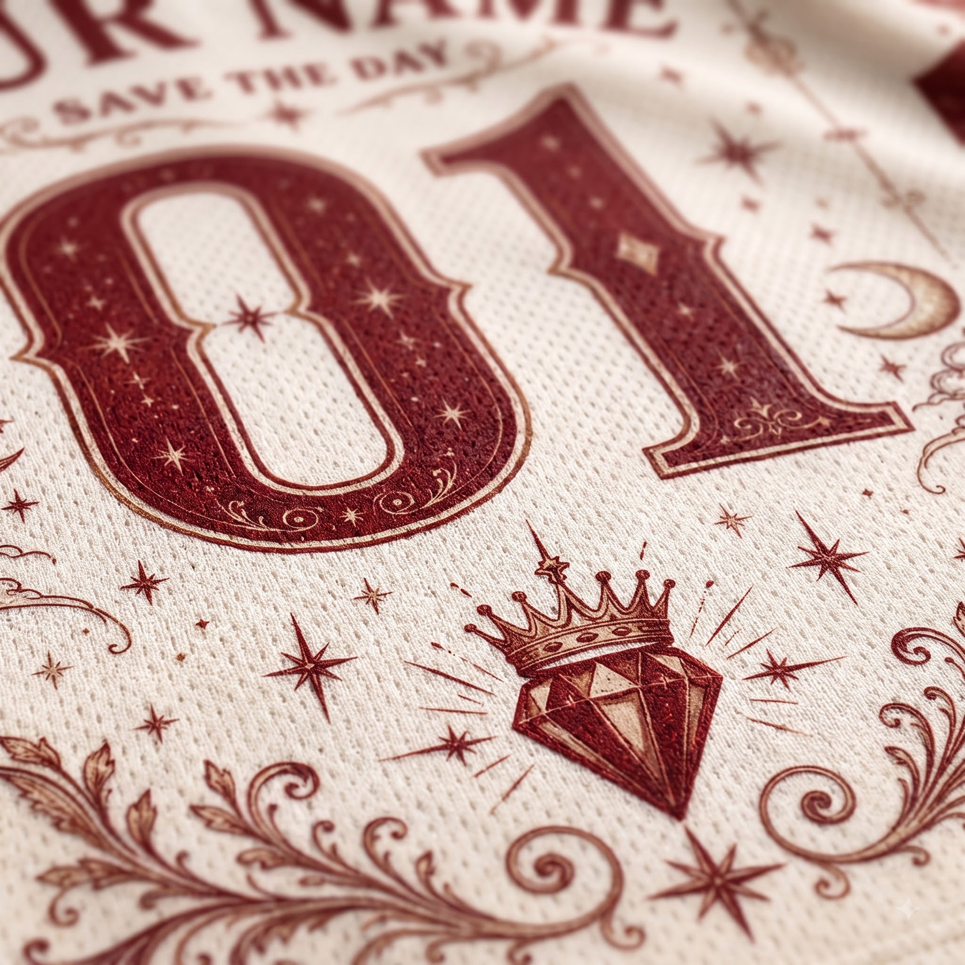 Close-up of a textured cream fabric printed with a dark red decorative design featuring the number 01, stars, a crown, diamond motif, and ornamental flourishes.