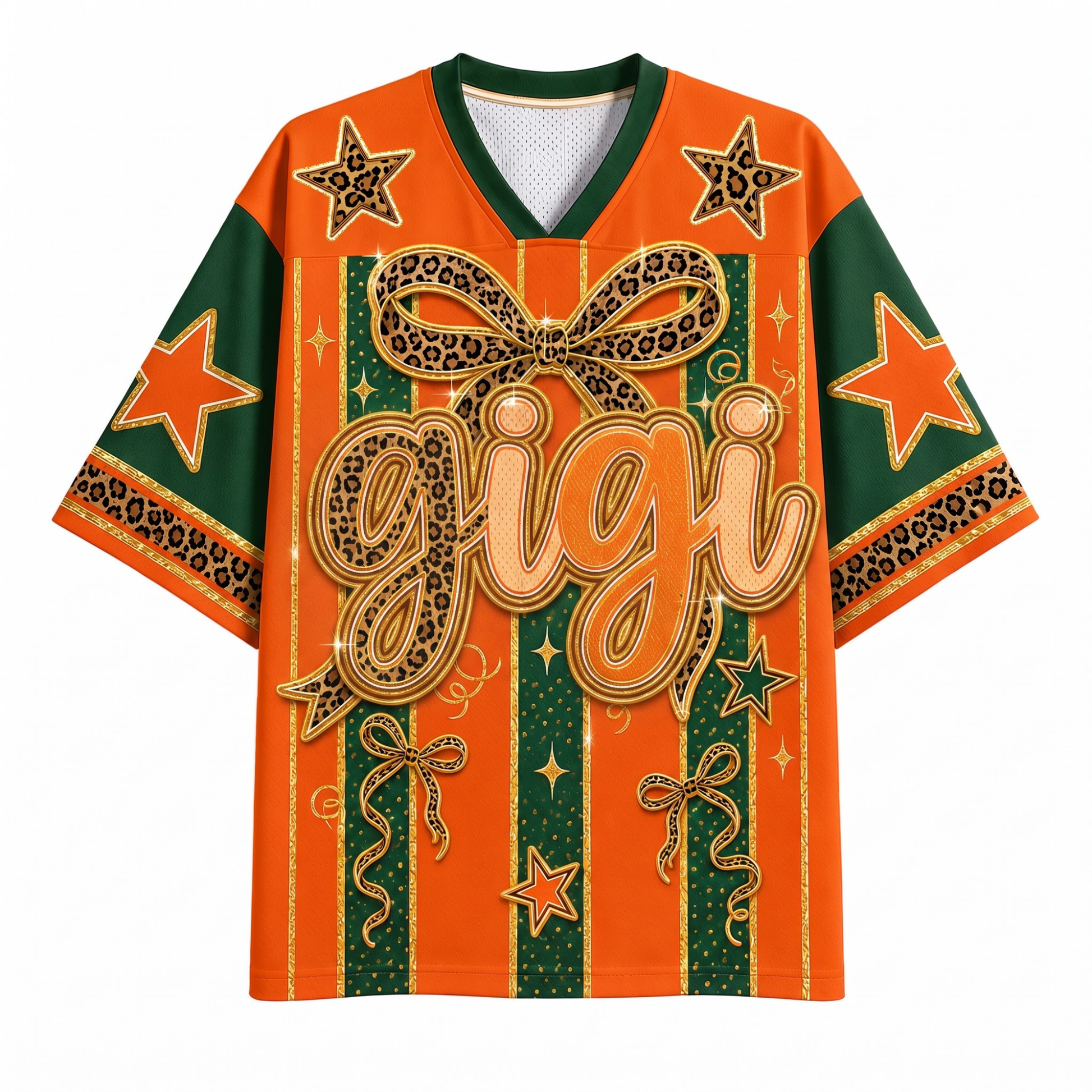 An orange and green graphic t-shirt with a leopard print bow, stars, and the word 'gigi' in large gold script on the front, displayed on a clean white background.