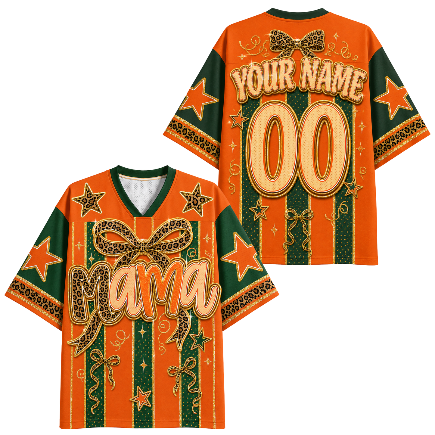 Front and back views of a customizable short-sleeve V-neck jersey shirt. The design features a vibrant orange and dark green striped pattern with leopard-print bows, gold glitter-style lettering that reads 'Mama' on the front and 'YOUR NAME 00' on the back, decorated with gold stars.