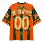 Custom orange and green short-sleeve t-shirt with 'YOUR NAME' and '00' printed on the back, featuring leopard print details and star motifs.