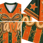 A multi-view product collage of an orange and dark green V-neck jersey with leopard-print ribbon graphics, gold trim, star motifs, and decorative lettering on a white background.