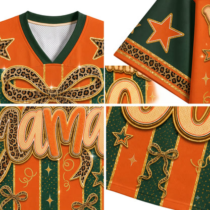 A multi-view product collage of an orange and dark green V-neck jersey with leopard-print ribbon graphics, gold trim, star motifs, and decorative lettering on a white background.