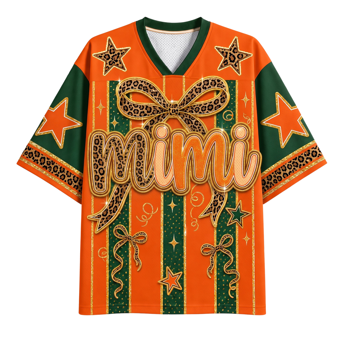 Orange and green graphic t-shirt with leopard print bow and star details, featuring the word 'mimi' across the front.