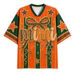 Orange and green graphic t-shirt with leopard print bow and star details, featuring the word 'mimi' across the front.